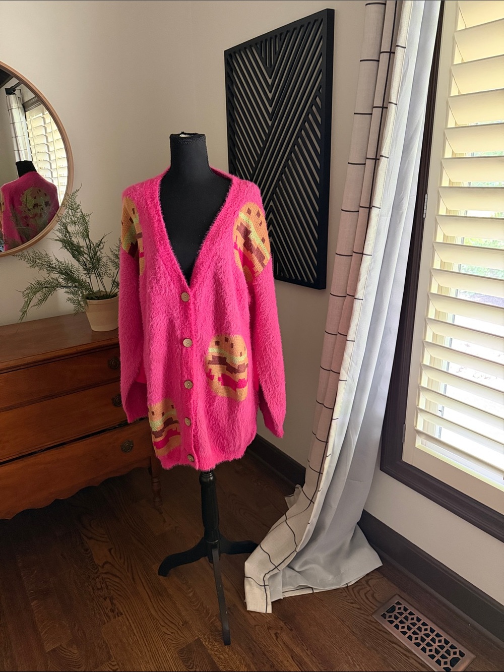 Listicle Hot Pink Button cardigan with pixelated hamburgers large